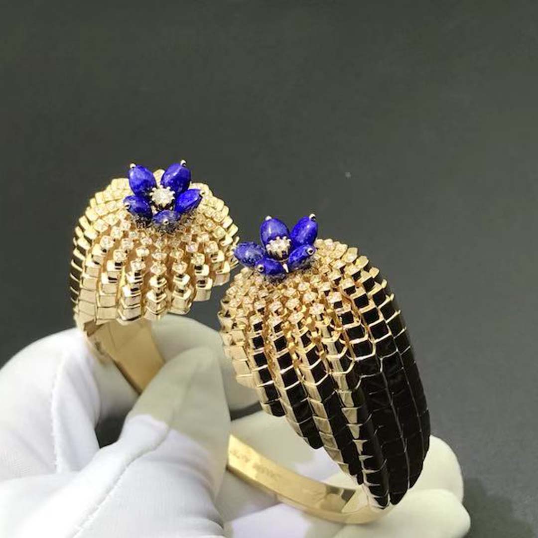 Custom Made 18K Yellow Gold Cactus de Cartier Lapis Lazuli Diamond Bracelet
