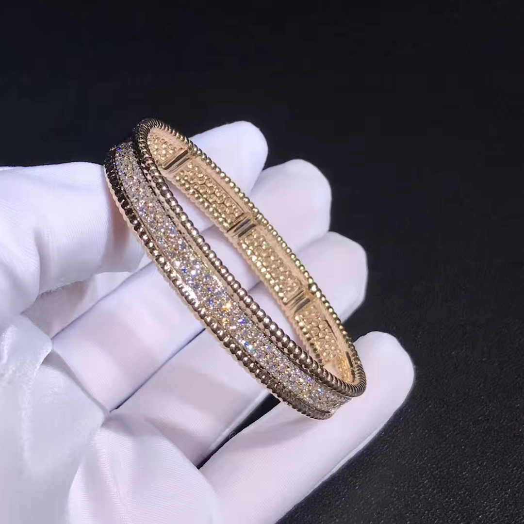 Custom Van Cleef & Arpels 18K Rose Gold Medium Model 3 Rows Perlée Diamonds Bracelet