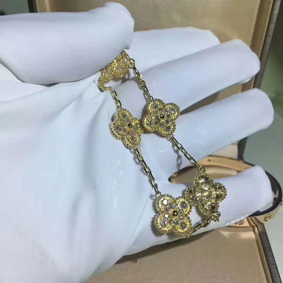 Van Cleef & Arpels 18K Yellow Gold Vintage Alhambra 5 Motifs Diamond Bracelet VCARA41400