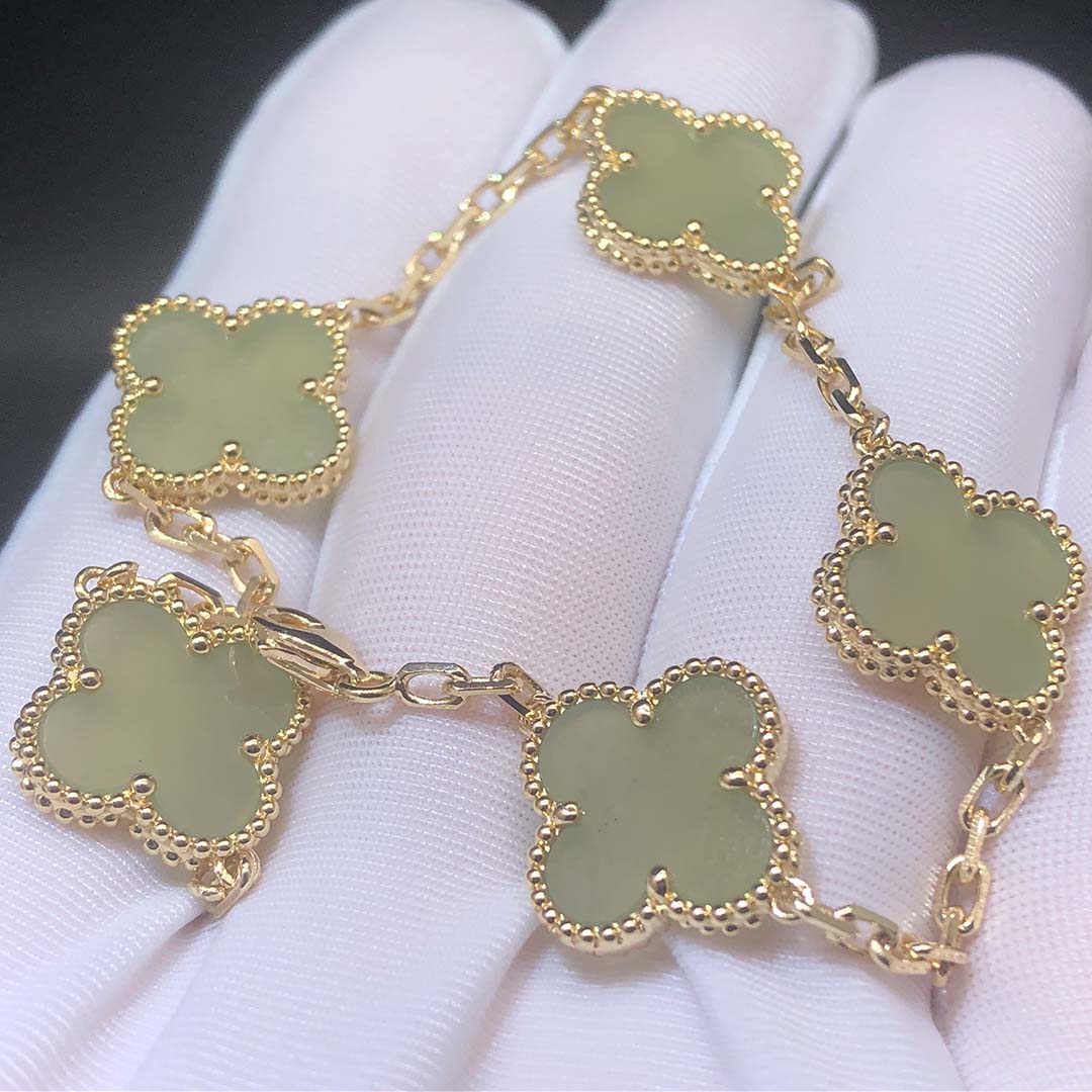 Custom Van Cleef Arpels 18K Yellow Gold Vintage Alhambra Jade 5 Motifs Clover Bracelet