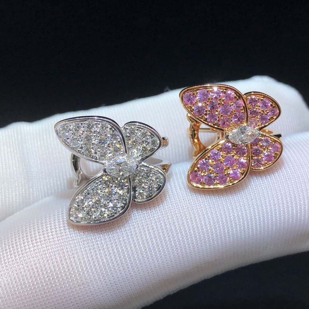VCA 18K White Gold & Rose Gold Diamond Pink Sapphire Two Butterfly Earrings VCARO3M600