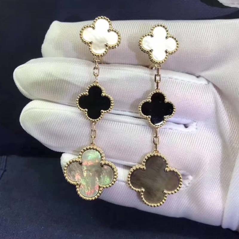 VCA 3 Motifs Magic Alhambra Earrings 18K Yellow Gold White and Gray Mother-of-pearl, Onyx VCARD79000