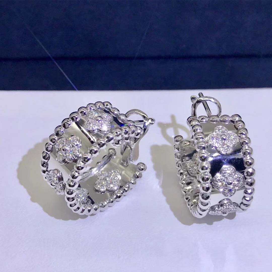 Van Cleef & Arpels 18K White Gold Perlée Clovers Diamonds Hoop Earrings VCARO2ML00