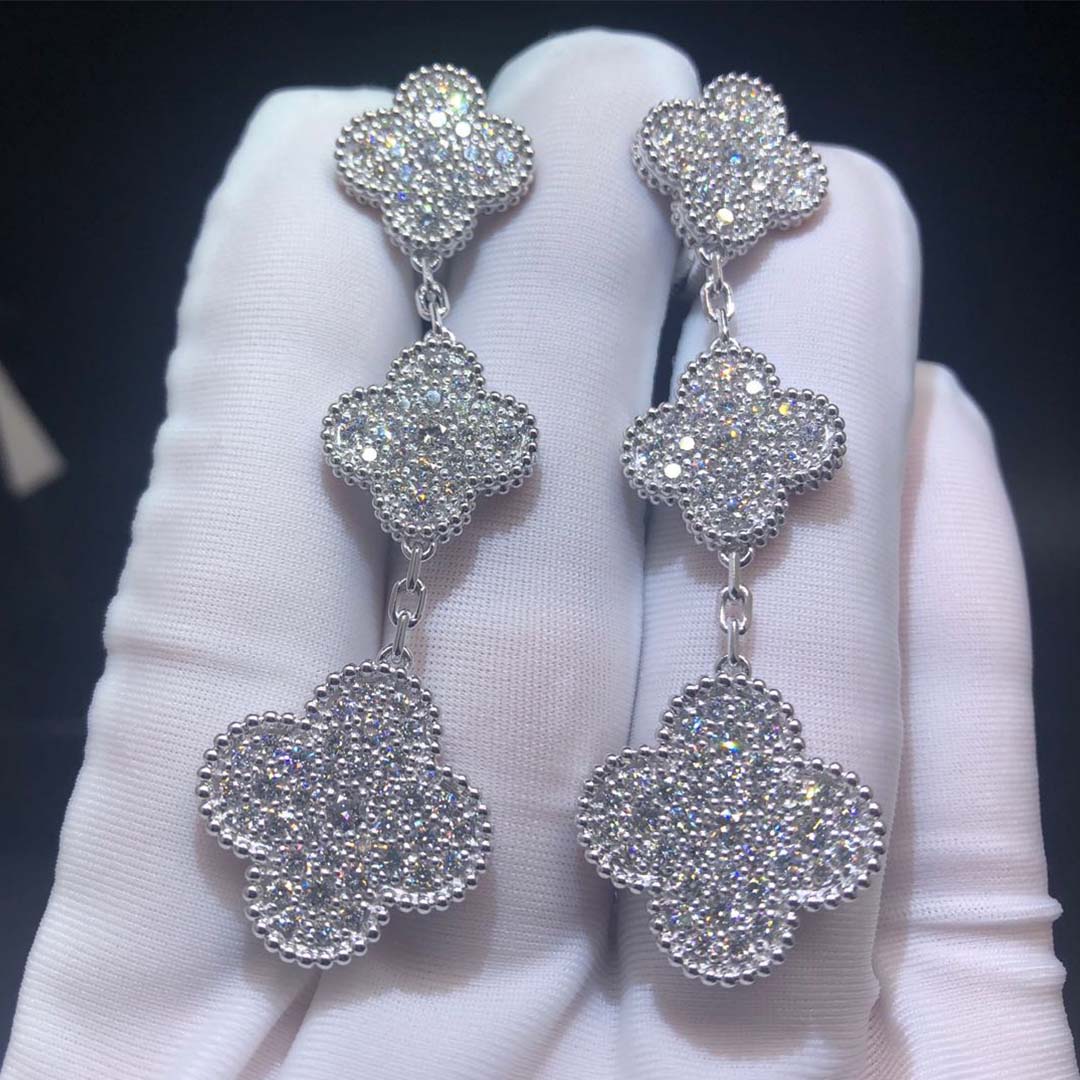 Van Cleef & Arpels 18k White Gold 3 Motifs Magic Alhambra Diamond Earrings VCARN9MR00
