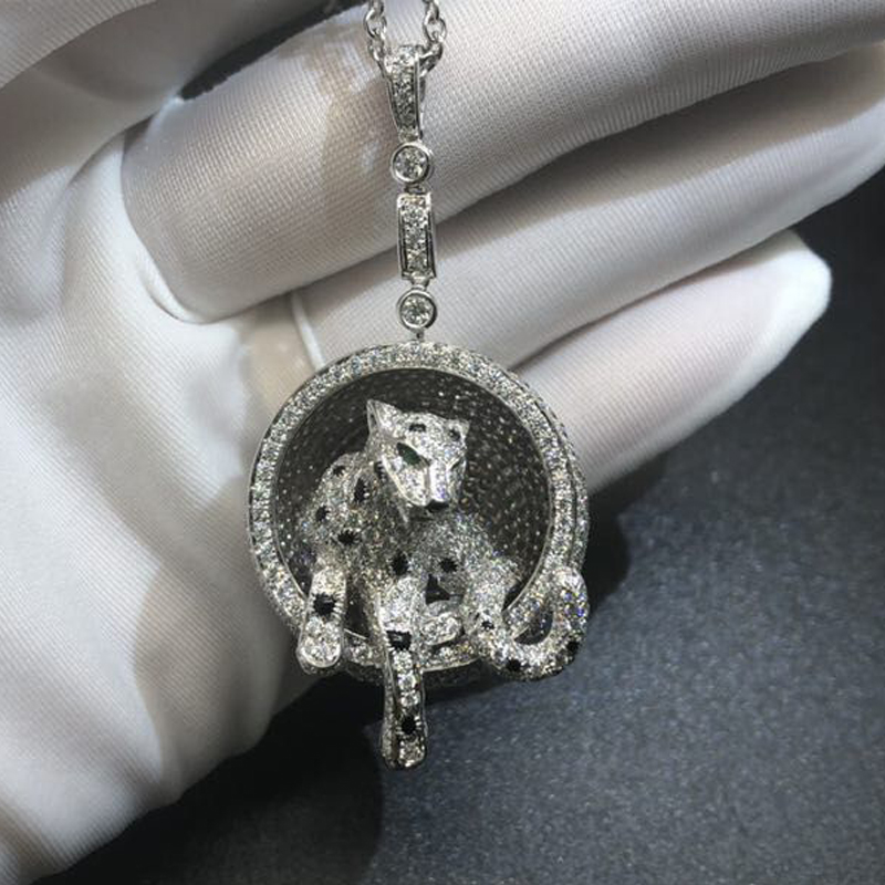 Custom Made 18k White Gold Full Diamond-paved Panthere de Cartier Necklace