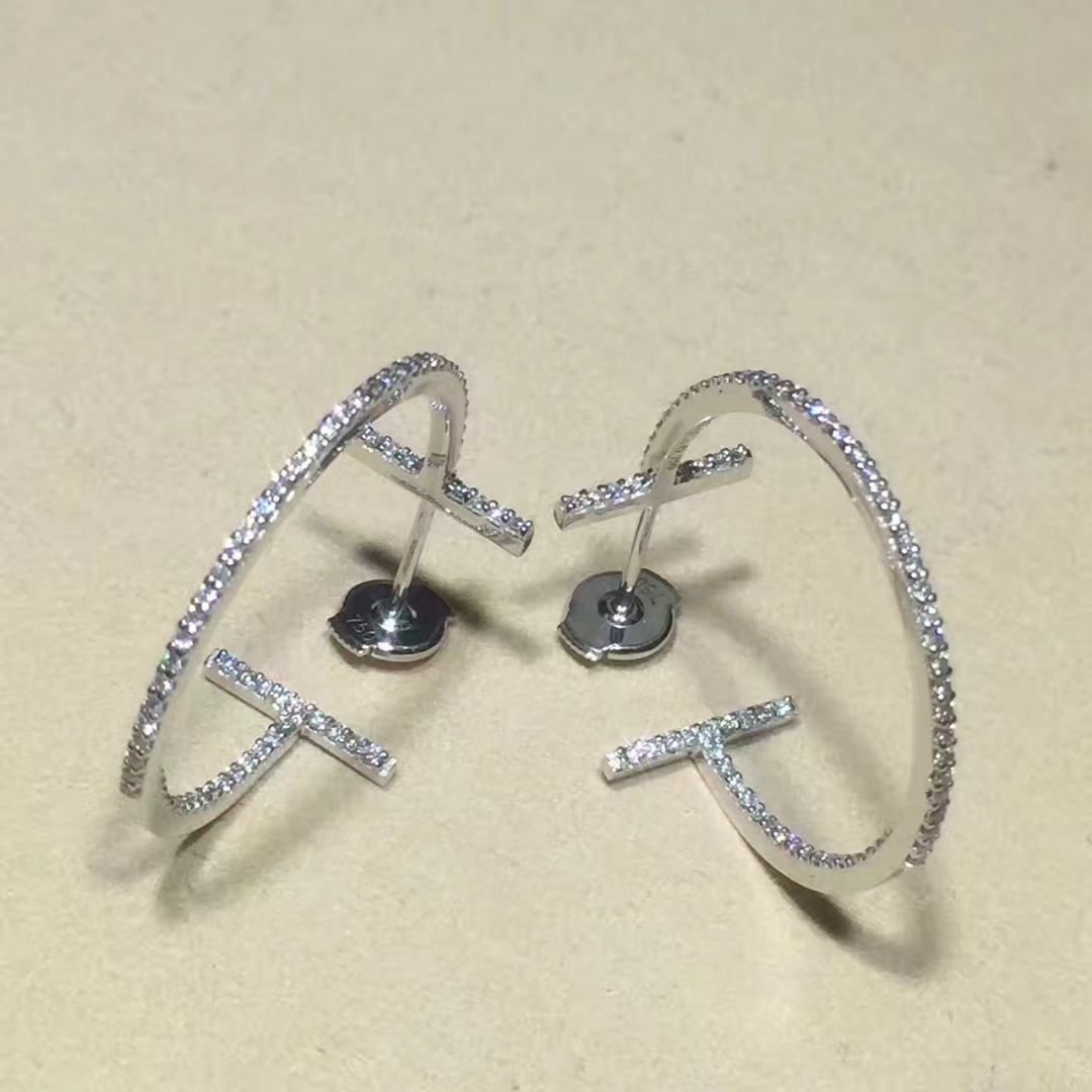 Tiffany 18k White Gold Medium Diamond T Hoop Earrings