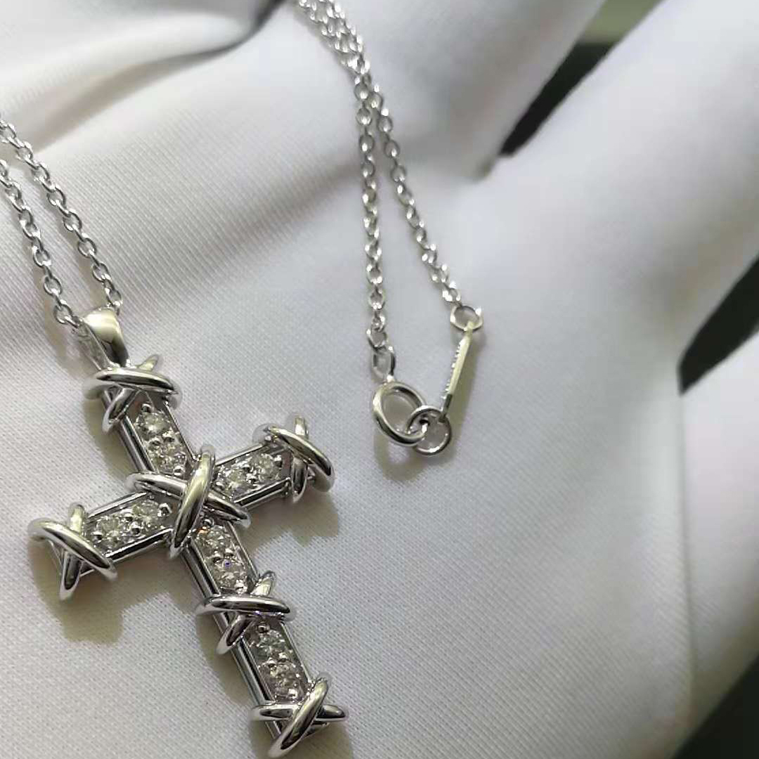 Tiffany & Co. Platinum Schlumberger Ten Stone Diamonds Cross Pendant Necklace