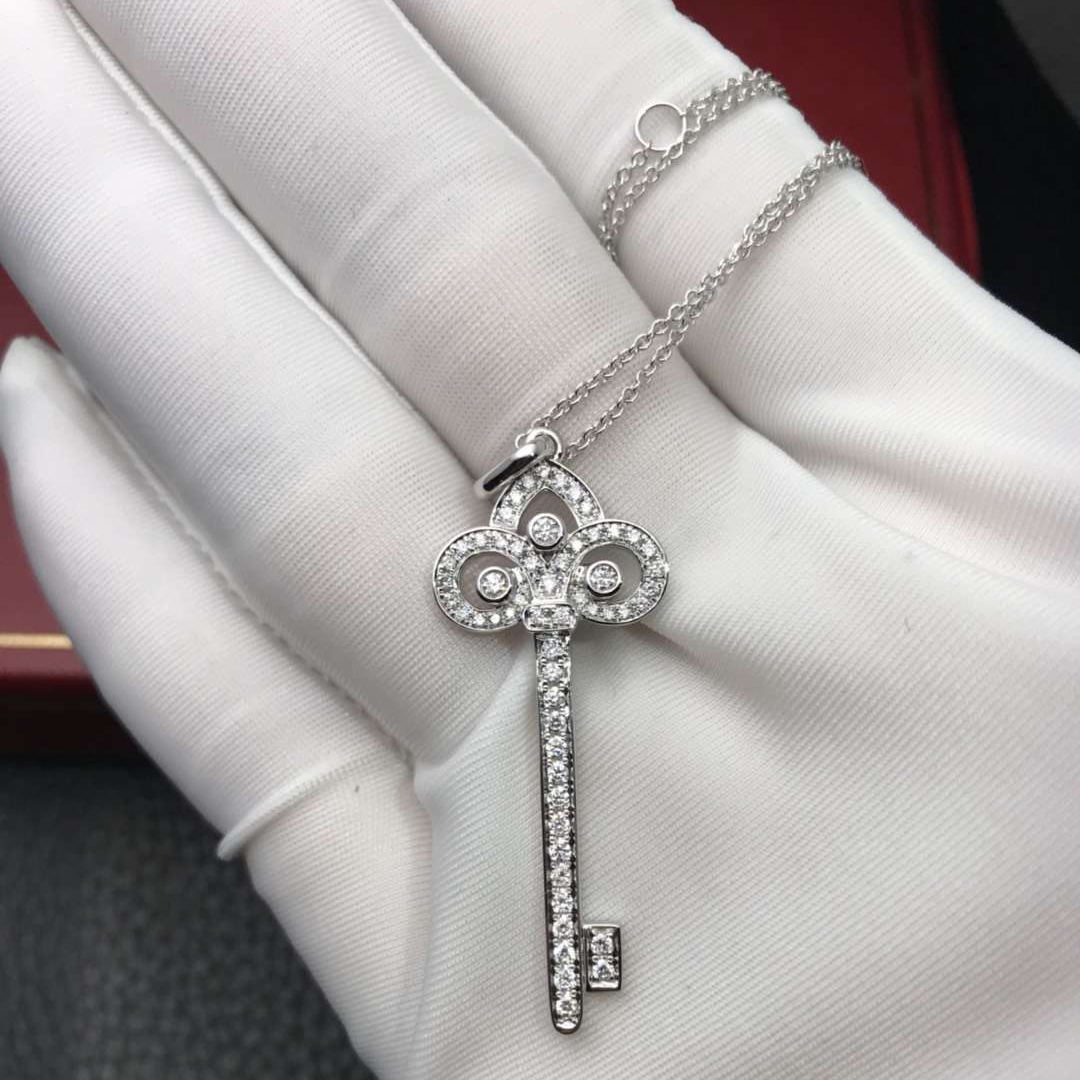 Tiffany Platinum Fleur de Lis Diamonds Key Pendant Necklace