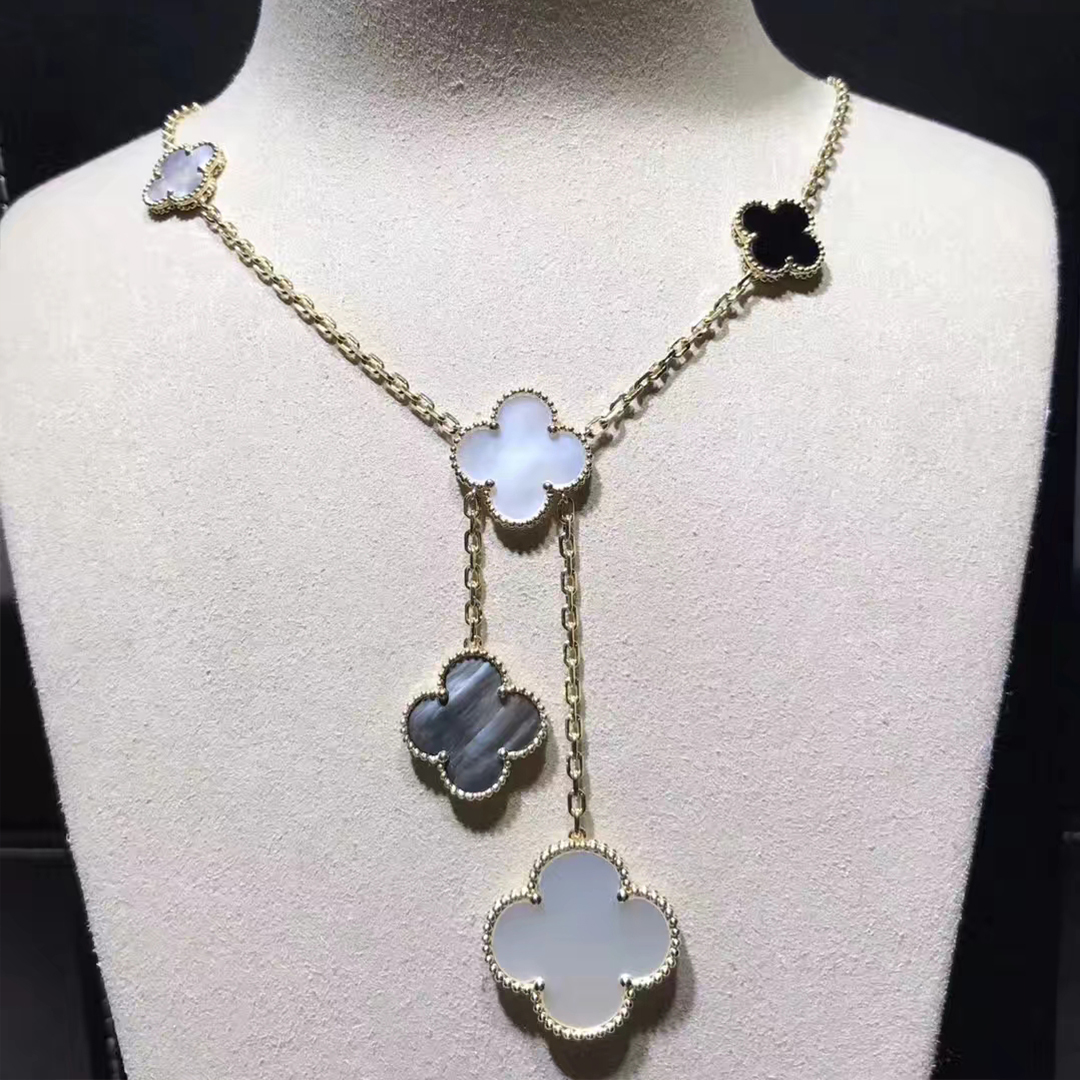 Van Cleef & Arpels 18k Yellow Gold Mother Of Pearl & Onyx Magic Alhambra 6 Motifs Necklace VCARD79200