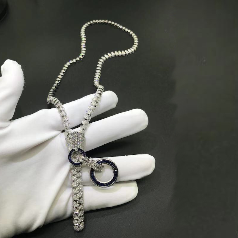 Custom Van Cleef Arpels Diamond Paved Sapphire 18k White Gold Zipper Necklace