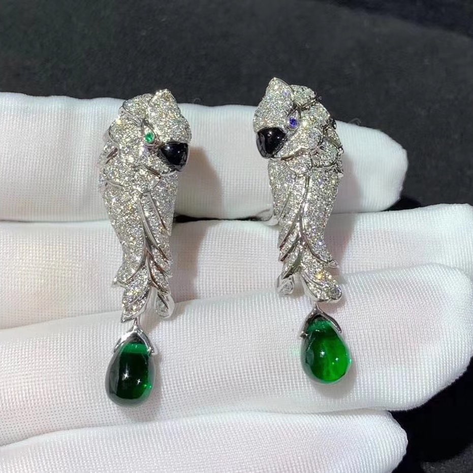 Cartier 18K White Gold Diamond Paved and Emeralds Les Oiseaux Libérés Parrot Drop Earrings H8000125