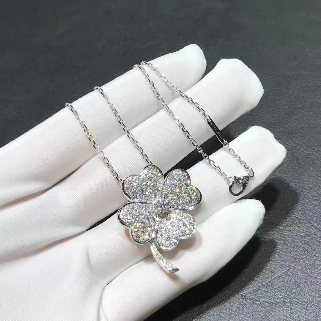 VCA Very Large Model Cosmos Diamond Pave 18K White Gold Clip Pendant Necklace VCARO68I00