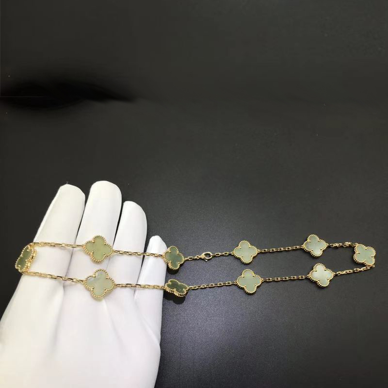 Van Cleef & Arpels 10 Motif Jade 18K Yellow Gold Vintage Alhambra Necklace