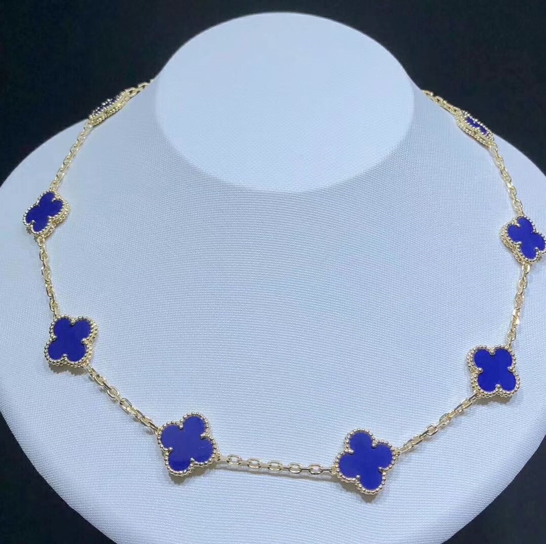 Van Cleef & Arpels Vintage Alhambra 10 Motif Lapis Lazuli & 18k Yellow Gold Necklace