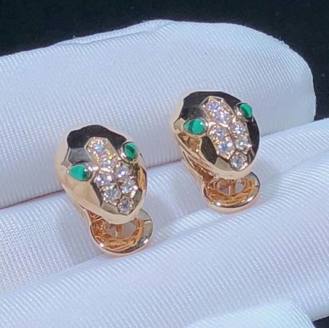 Bulgari 18k Rose Gold Demi Pave Diamond & Malachite Serpenti Earrings 352701