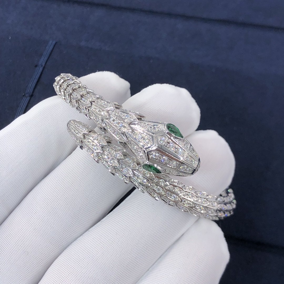 Bulgari 18k White Gold Diamond-paved Emeralds Serpenti Bracelet