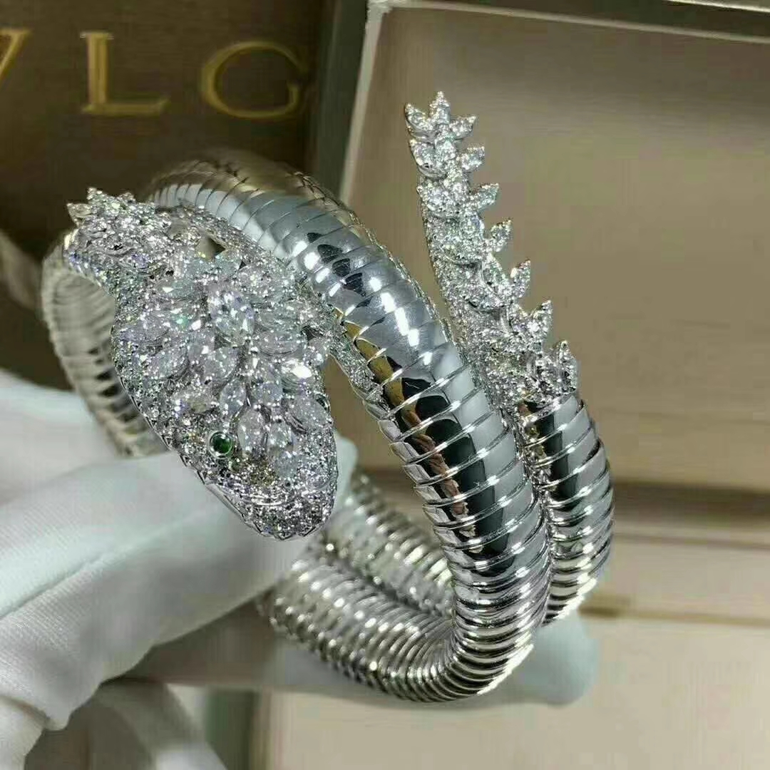 Inspired Bulgari High Jewelry 18K White Gold Set with Diamonds Serpenti Two-coil Bracelet
