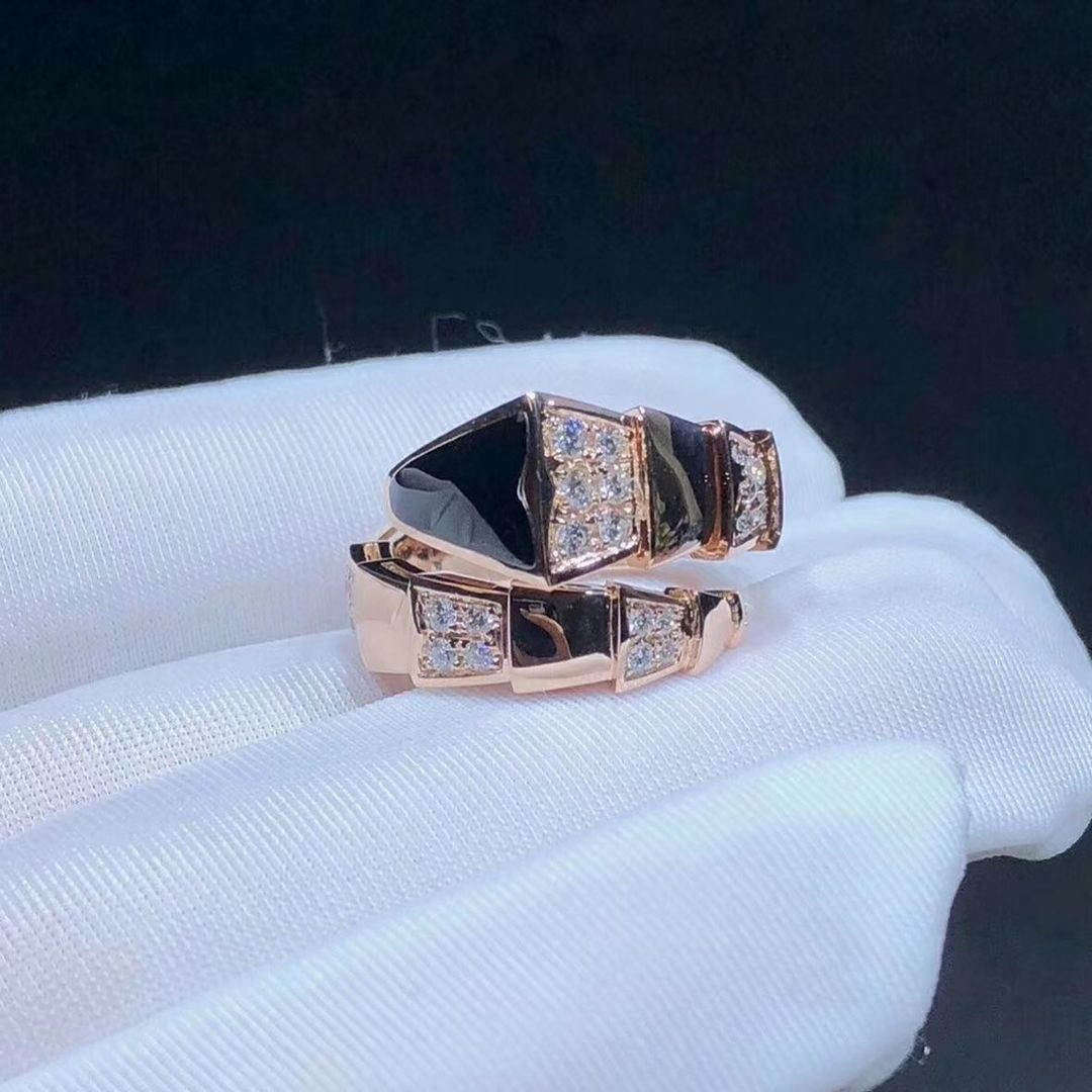 Bulgari Serpenti Viper 18K Rose Gold Onyx and Demi Pavé Diamonds One-coil Ring 345208