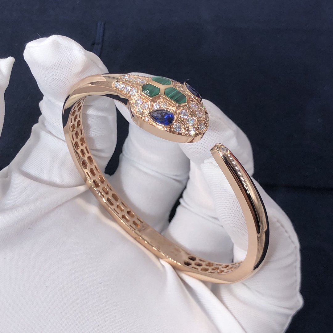 Bvlgari 18K Rose Gold Diamonds Malachite Sapphire Serpenti Bracelet 356196