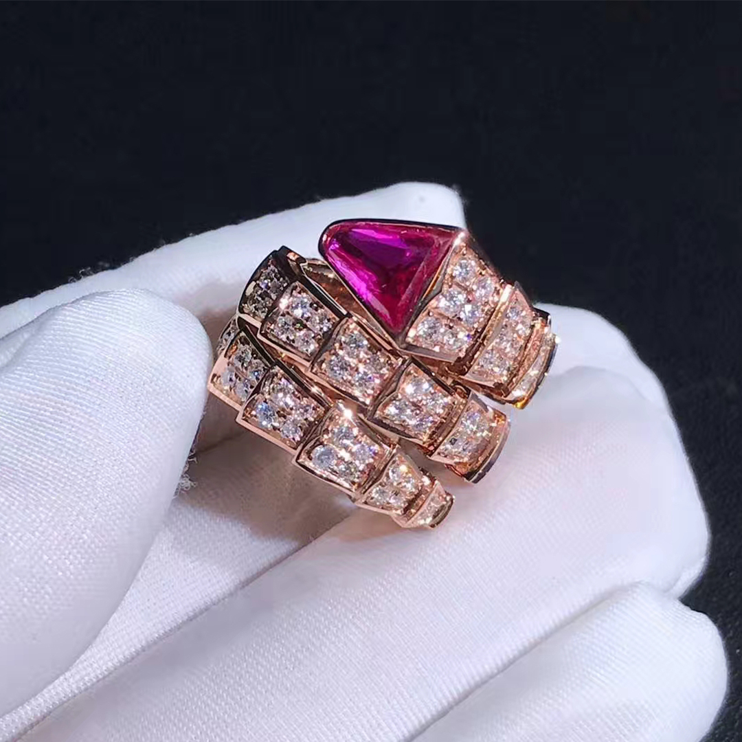Bvlgari 18k Rose Gold with Diamond and Rubellite Serpenti Double Coil Ring 347593