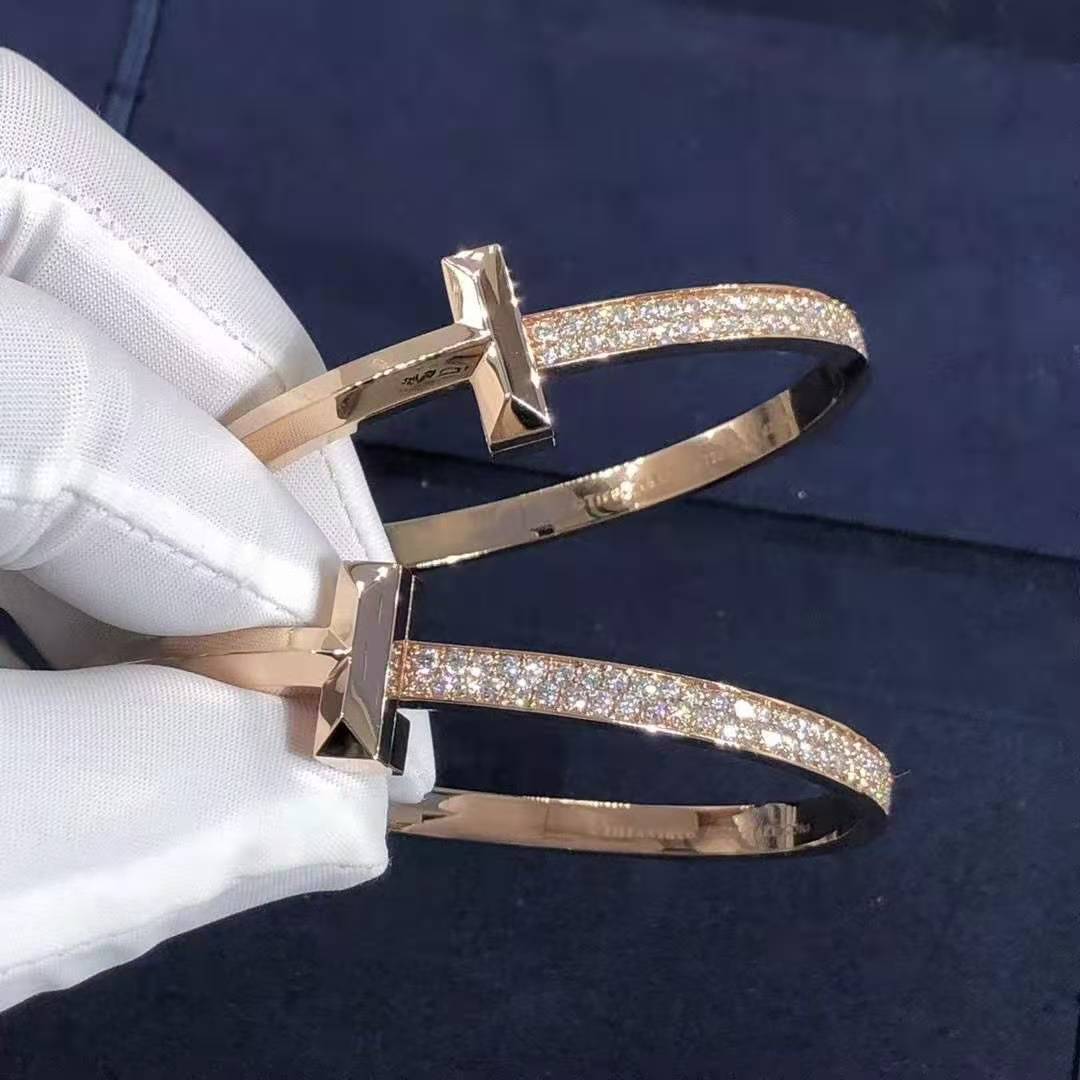 Tiffany 18k Rose Gold T1 Wide Diamond Hinged Bangle Bracelet