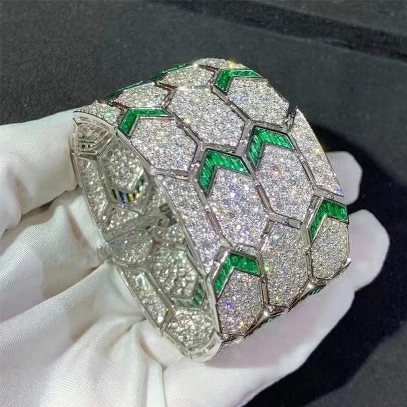 Bvlgari 18K White Gold Pave Diamond and Emeralds Serpenti High Jewelry Bracelet