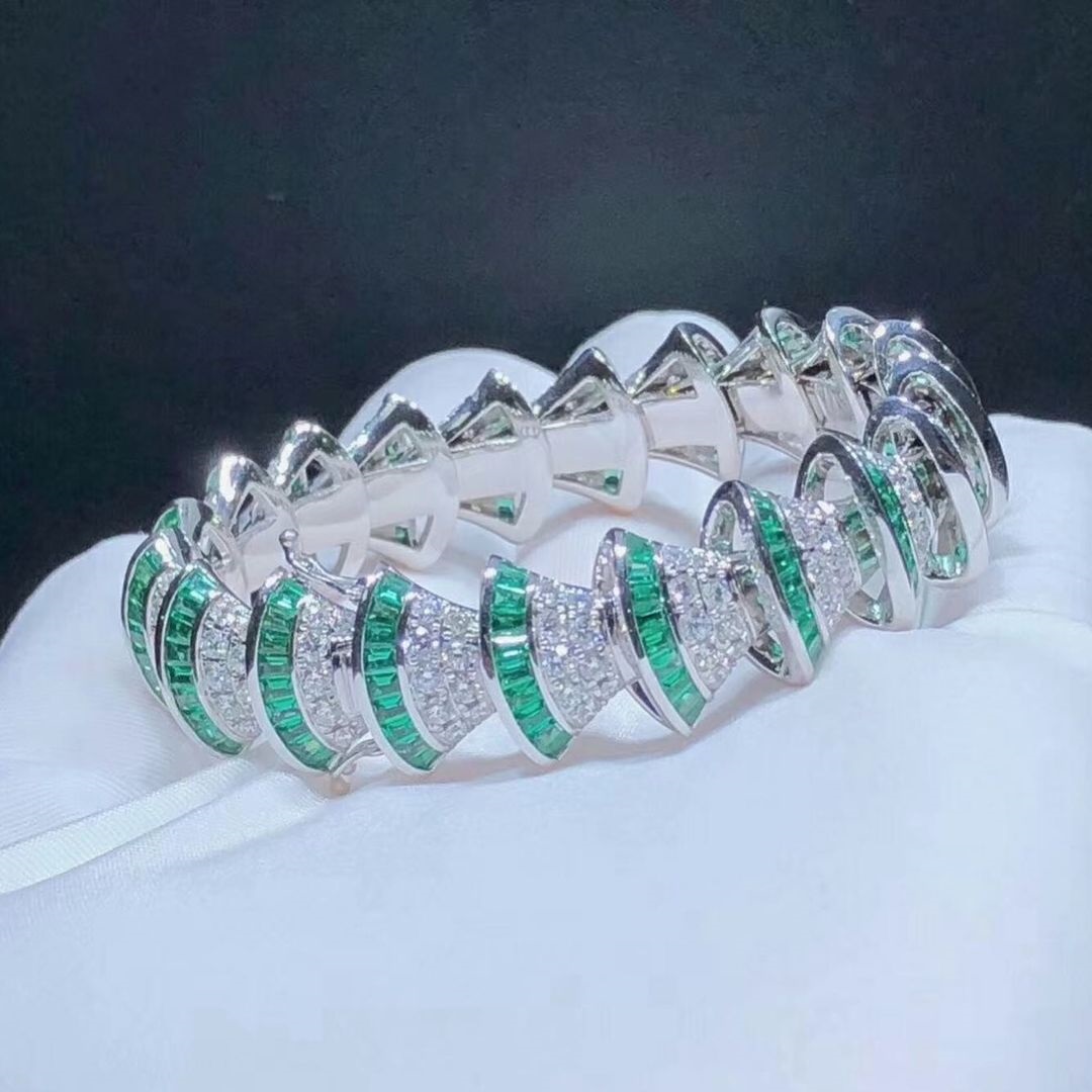 Bvlgari 18k White Gold Full Diamond Pave and Emeralds Davi’s Dream High Jewelry Bracelet
