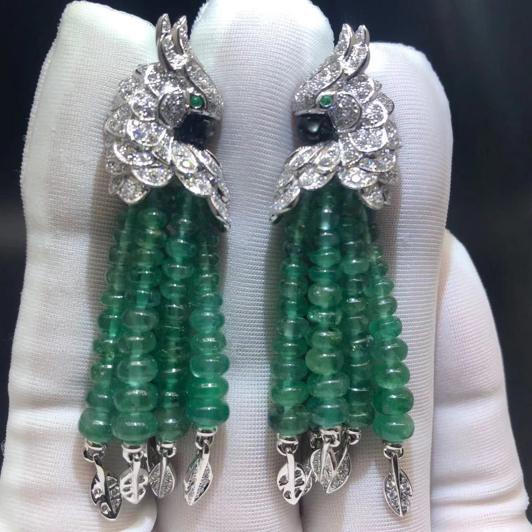 Custom Cartier 18K White Gold Les Oiseaux Liberes Diamonds and Emerald Tassels Earrings H8000129