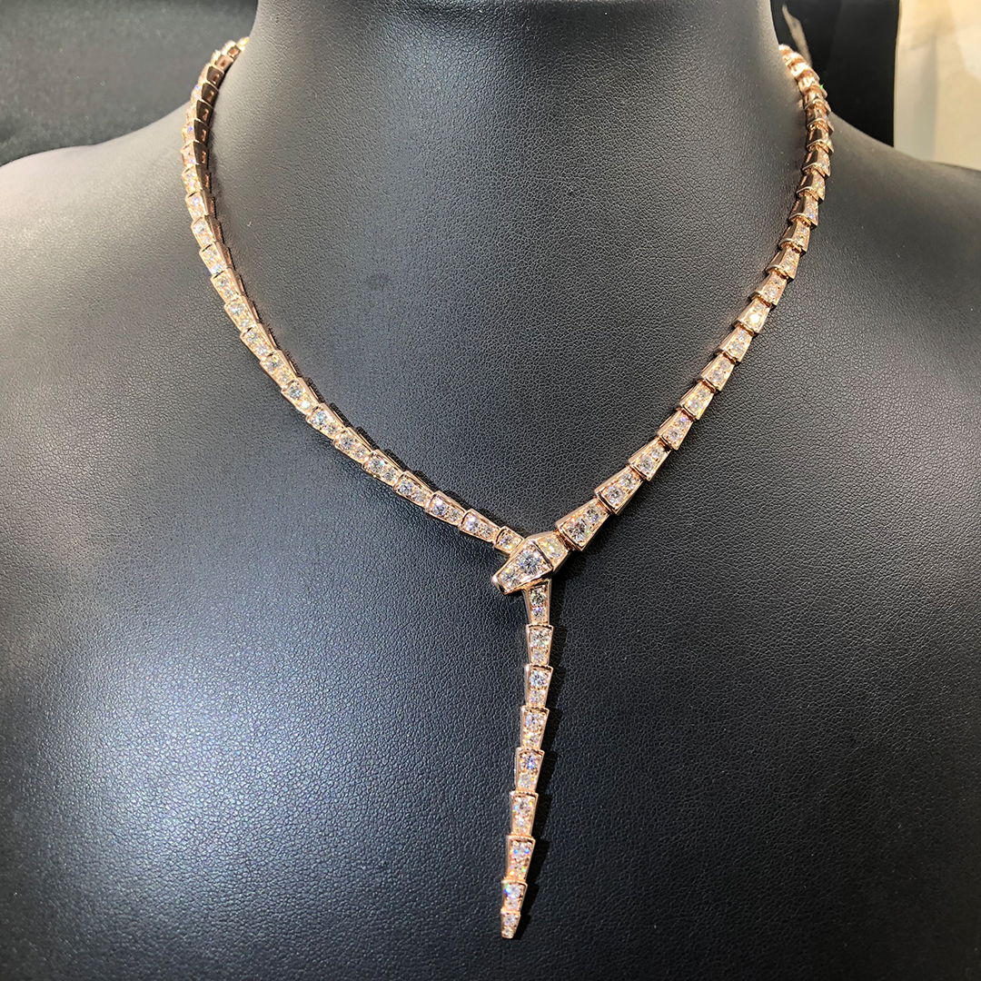 Bvlgari Serpenti Viper 18k Rose Gold Full Pave Diamond Snake Necklace