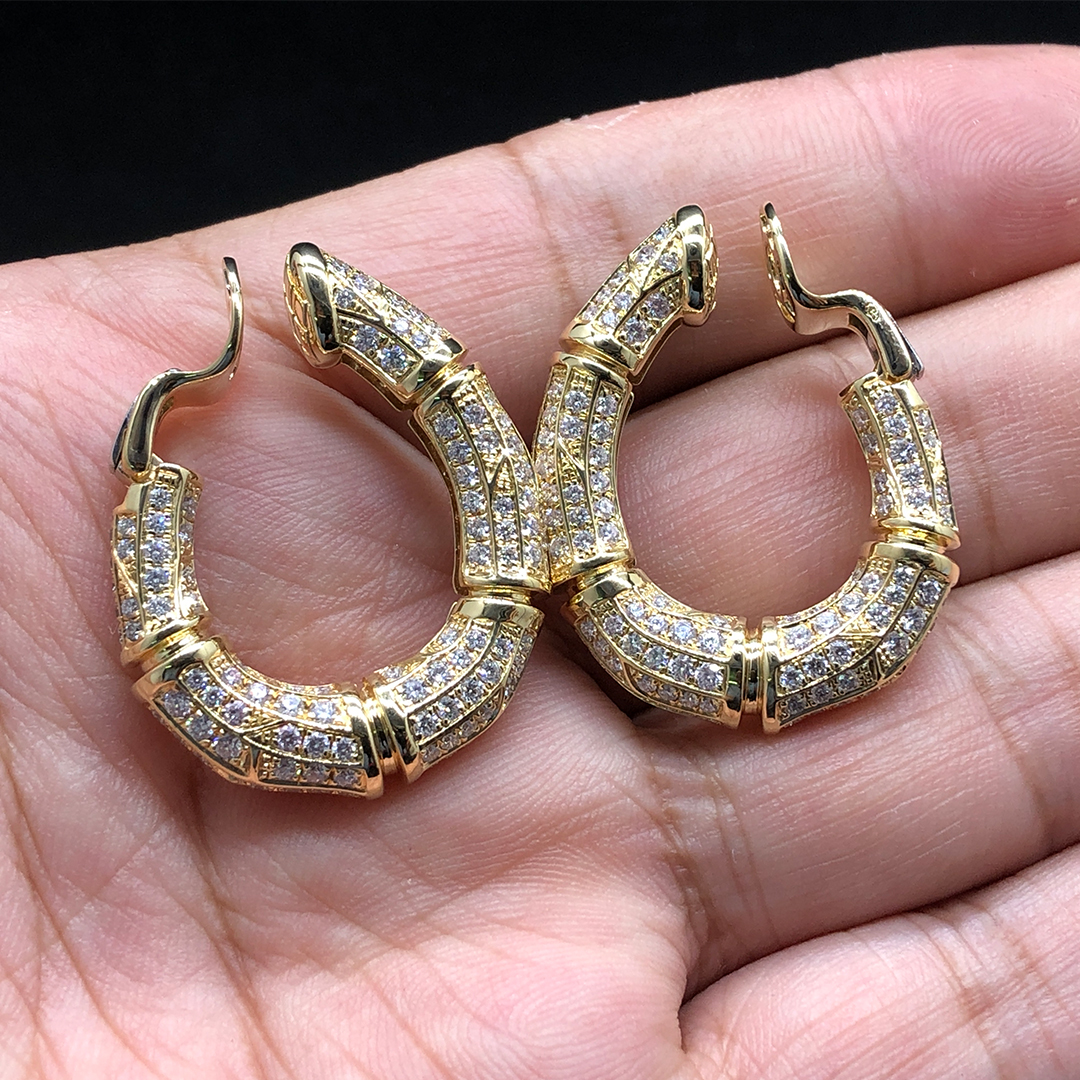 Cartier 6.75ct Pave Diamond Yellow Gold Bamboo Hoop Earrings Clips