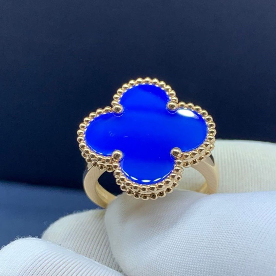 Custom Van Cleef & Arpels Magic Alhambra 18K Yellow Gold Blue Agate Ring